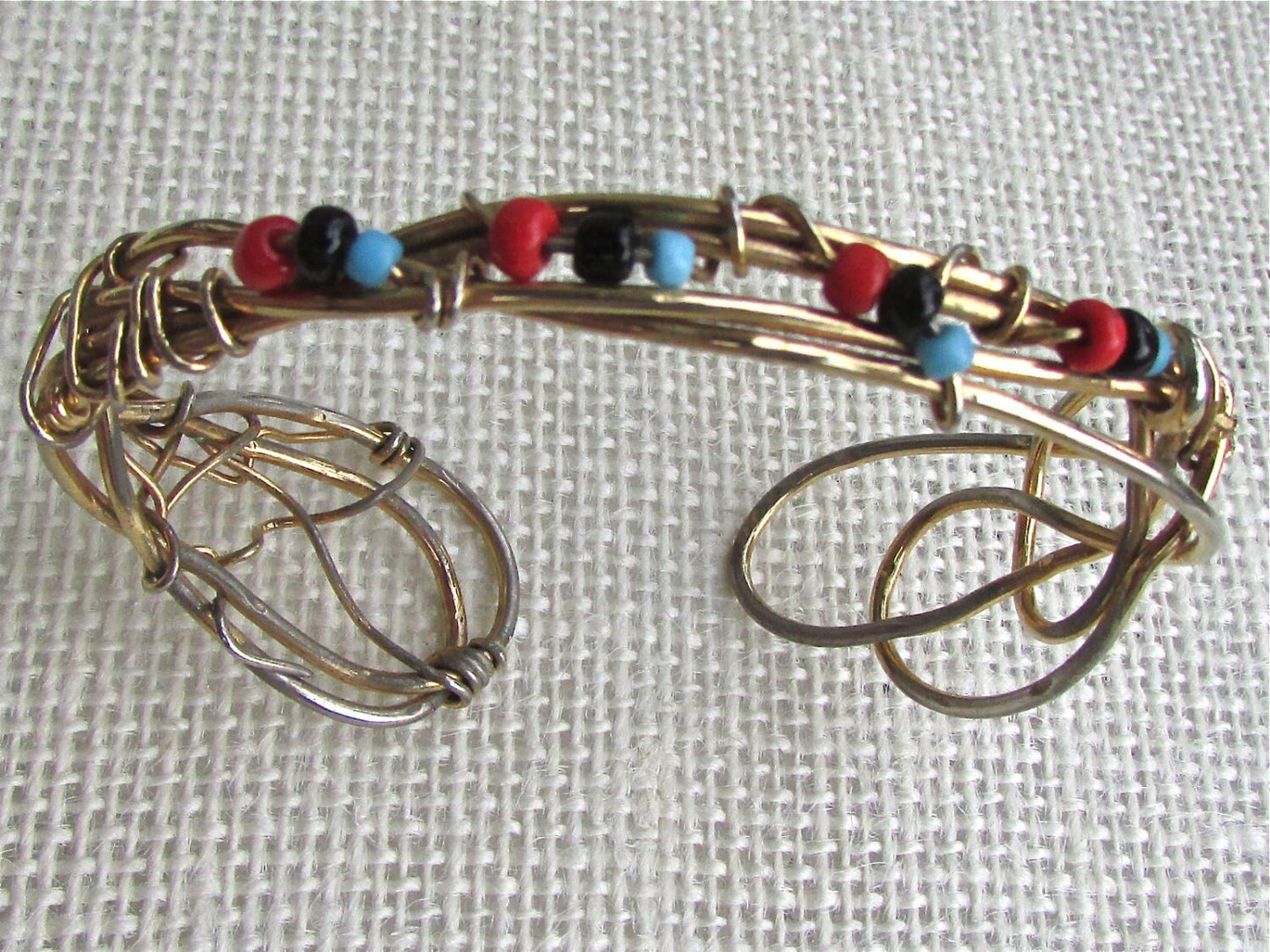 Unique vintage artisan cuff beaded wire bracelet - adjustable... one-size-fits-all