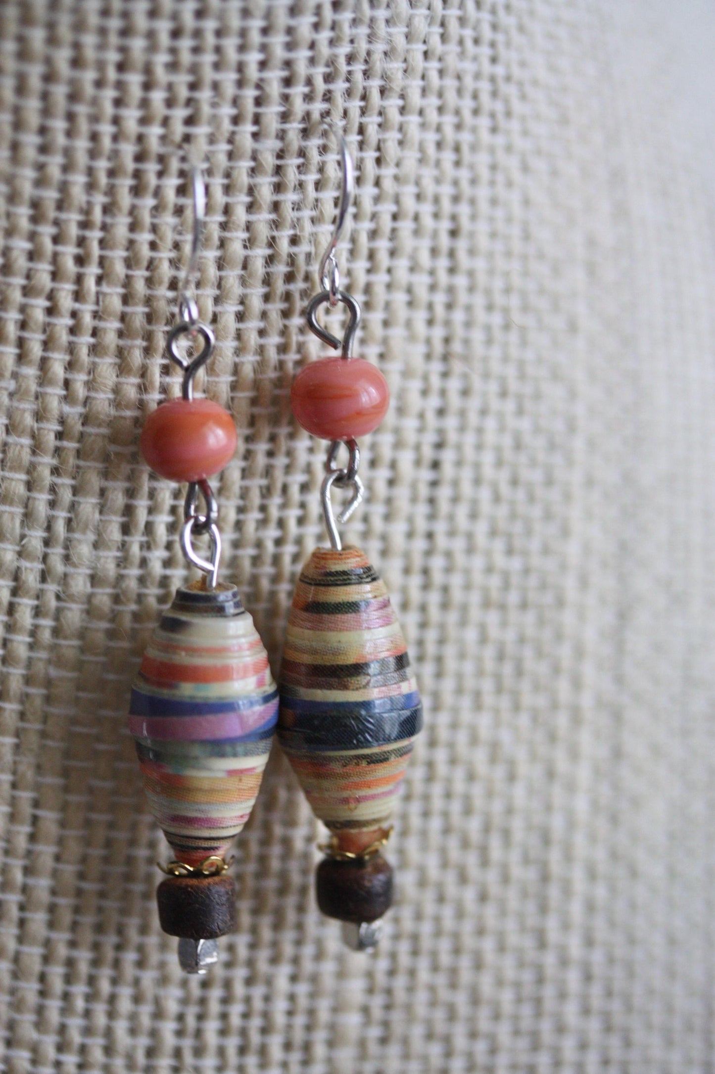 Oval rolled paper with coral glass - handmade dangle earrings - 2" long