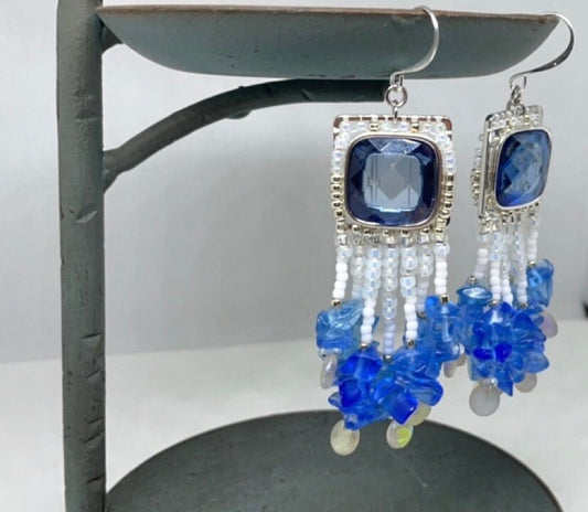 One-of-a-kind mixed material hand beaded dangle beadwork earrings - inspired by the beach - upcycled cabochons, blue glass chips, seed beads