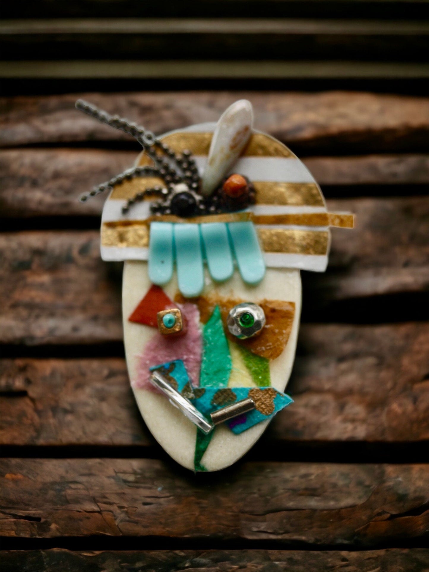 Meet "Bernice" - Assemblage art / mixed media collage - magnet, pin, necklace pendant or hair pin