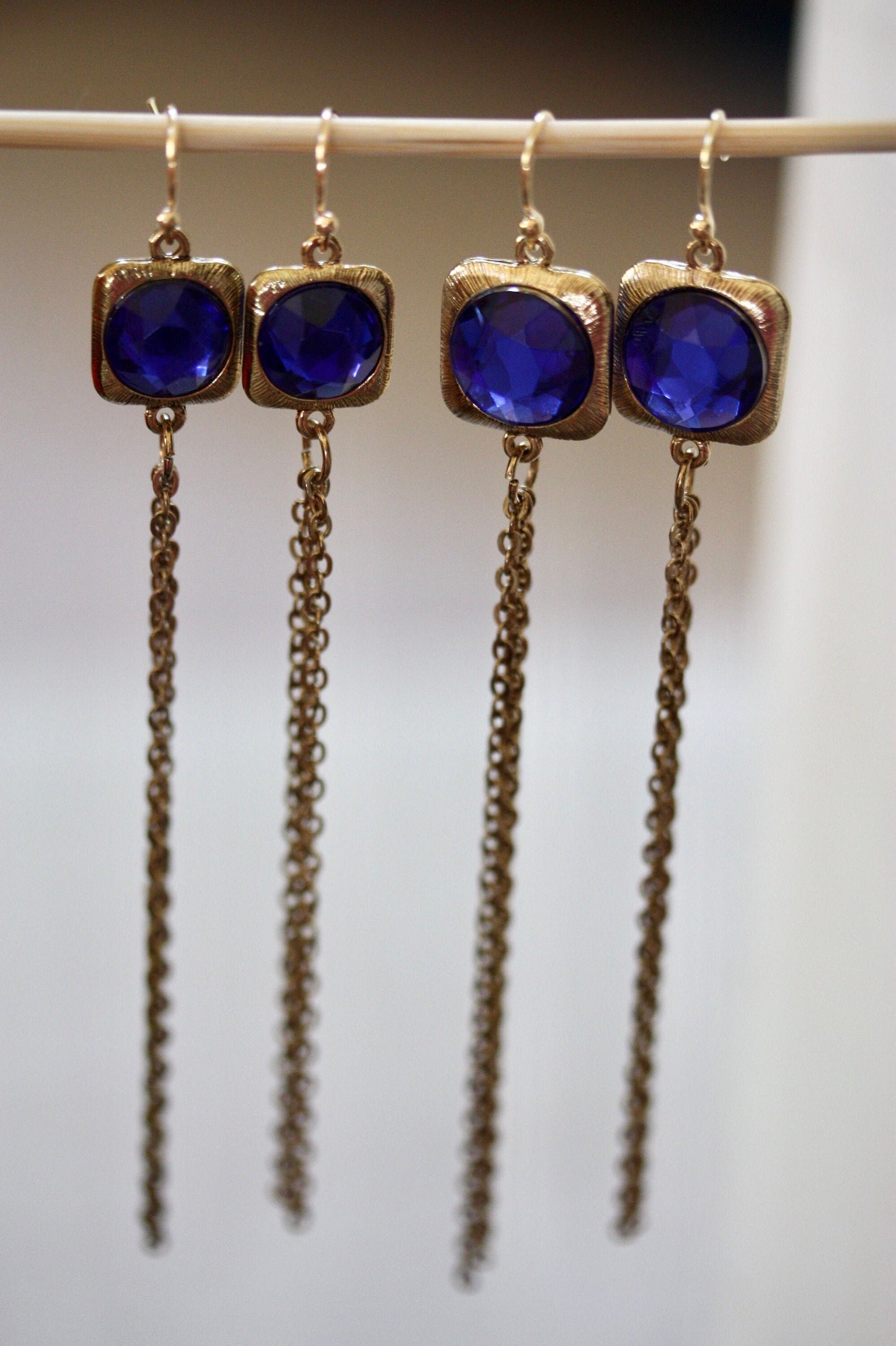Super long 4-inch royal blue rhinestone and metal tassel dangle earrings