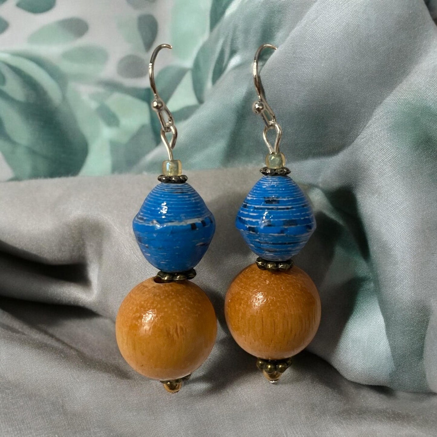 Rolled blue paper and tan wood beads handmade dangle earrings with vintage, upcycled and new elements