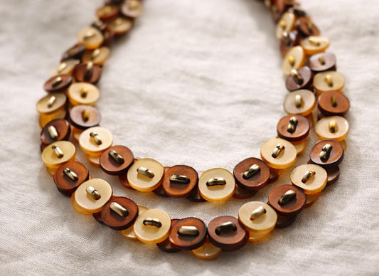 Button Necklace Vintage Brown Amber Cream Disc Beads | 90s Boho Statement Necklace | Earth Tone Plastic Button Jewelry