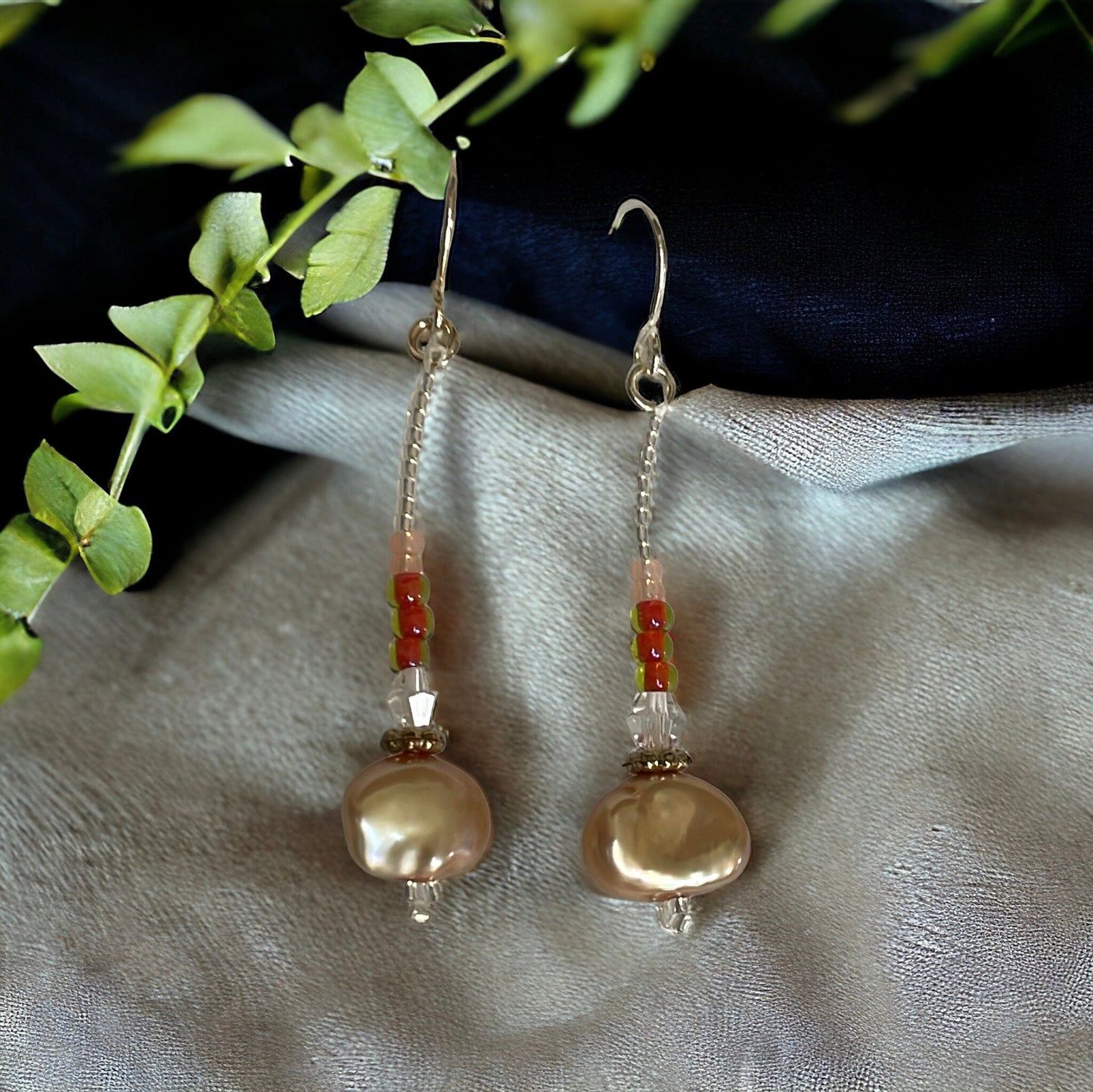 Hand beaded stunning dangle beadwork earrings - ombre shades of glass seed beads with crystal and gold pearls