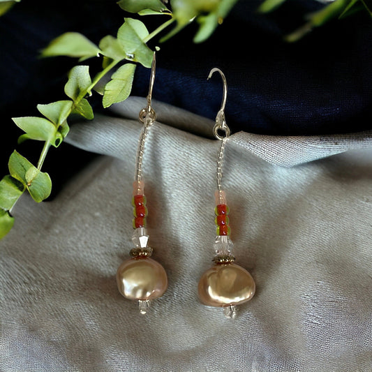 Hand beaded stunning dangle beadwork earrings - ombre shades of glass seed beads with crystal and gold pearls