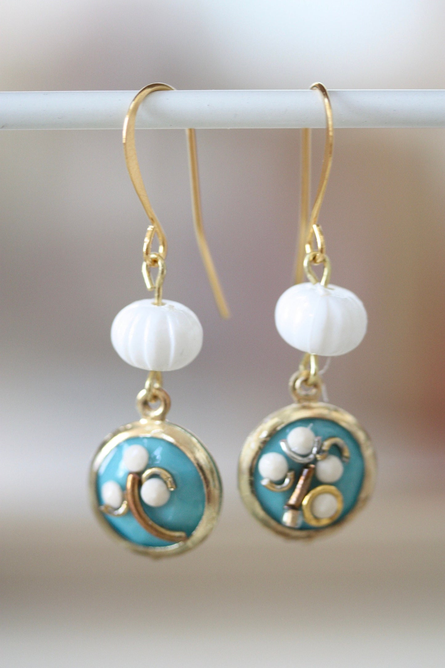 Sweet handmade white dotted blue floral dangle earrings