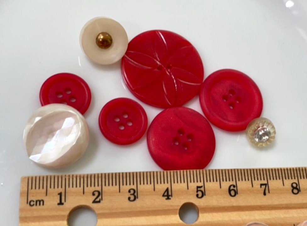 Button mix lot - red and white vintage buttons - rhinestones, pearlescent, etched, etc. various sizes and materials