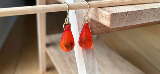 Simple upcycled orangish red faux crystal teardrop dangle earrings