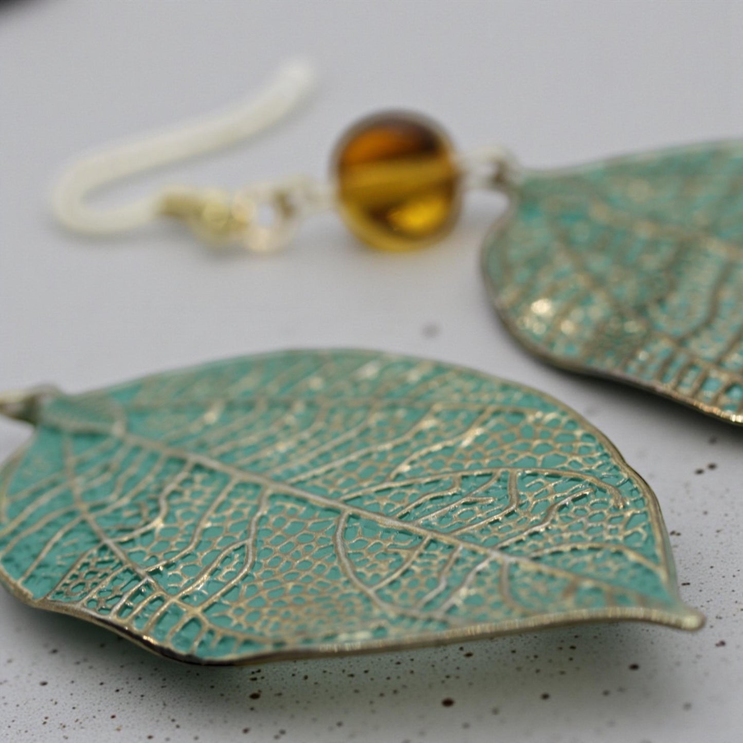 Handmade dangle earrings - Hand painted upcycled vintage leaf earrings with glass beads