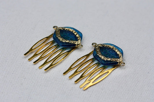 Mid century modern MCM inspired mixed material blue mini metal hair combs - 1" each