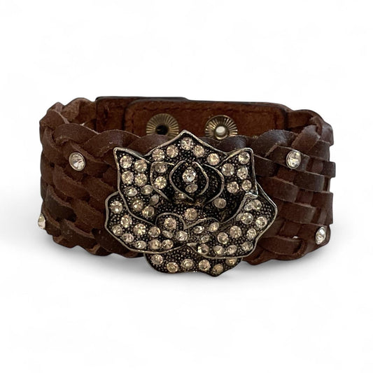 Charming Charlie Silver-Tone Leather Bracelet with Rhinestone Rose – Floral Statement Jewelry