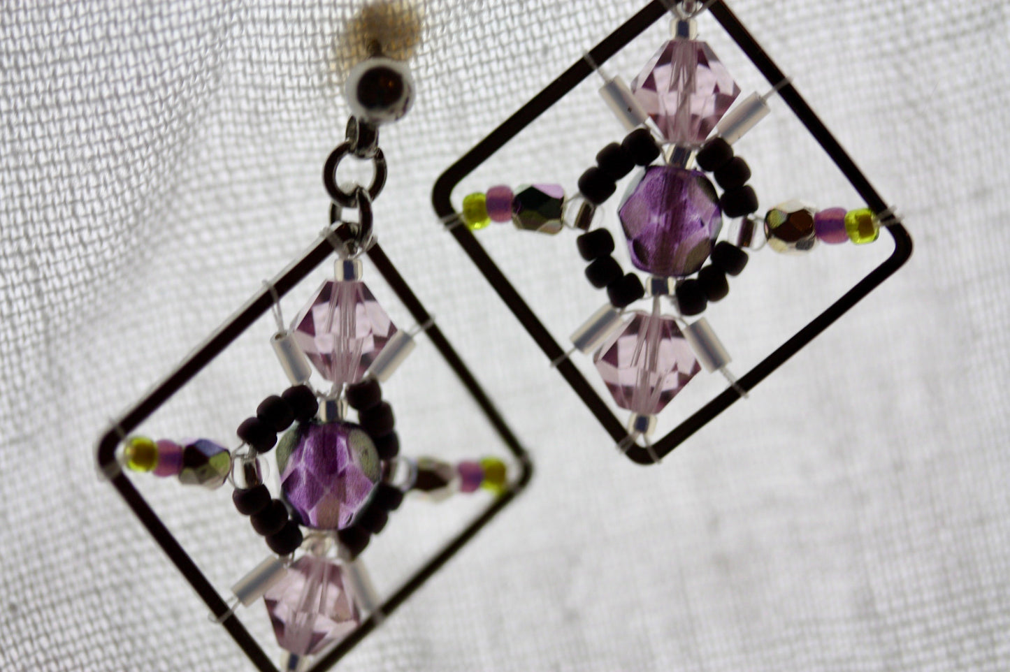 Purple, green and pink crystal and intricate beadwork small square dangle earrings