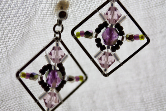 Purple, green and pink crystal and intricate beadwork small square dangle earrings