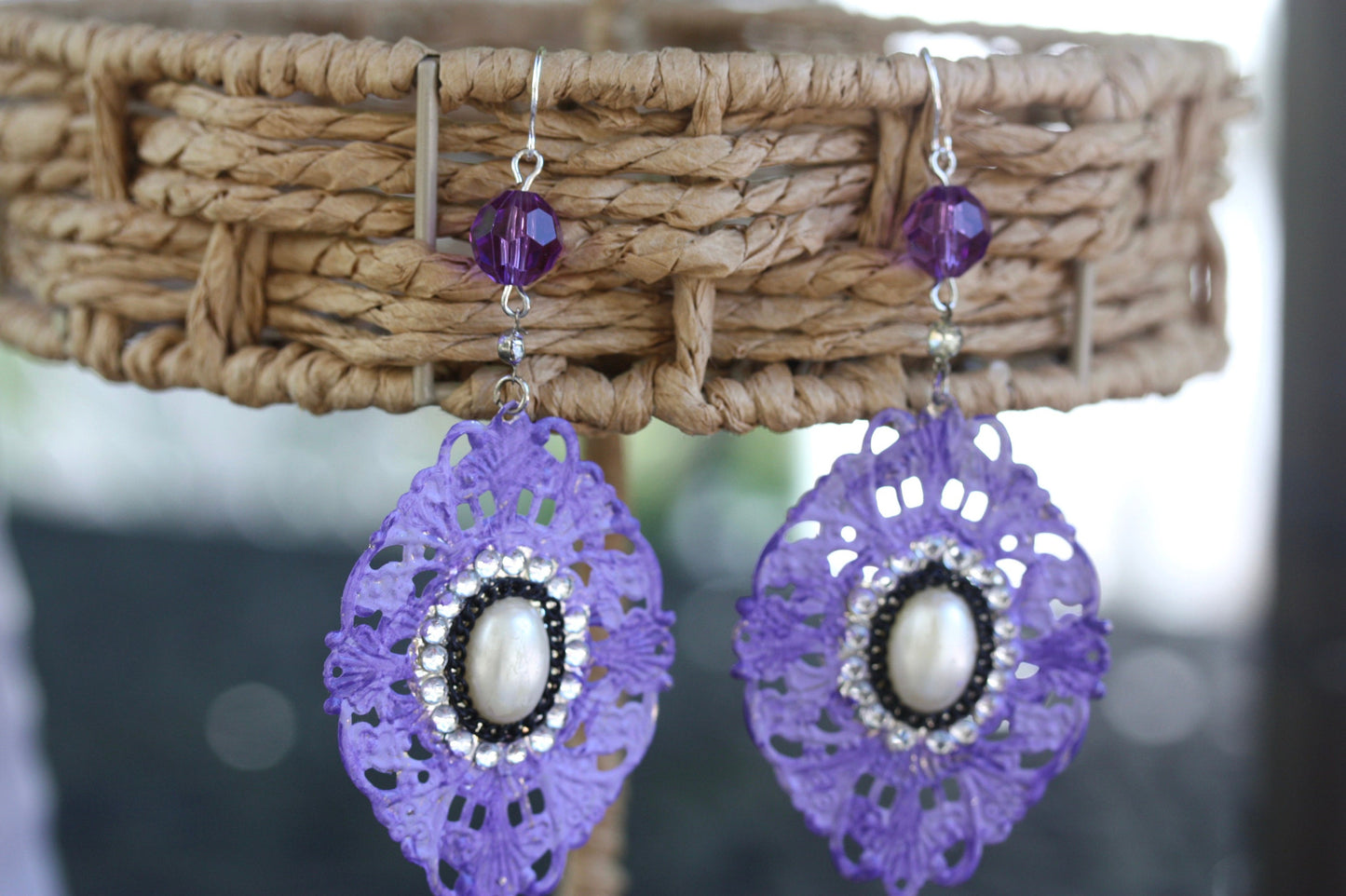 Purple, rhinestone and faux pearl mixed material dangle earrings