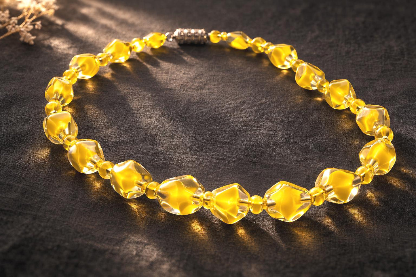 Vintage 1950s Czech Cased Glass Necklace – Bold Yellow & Clear Mid Century Art Glass Statement Beads