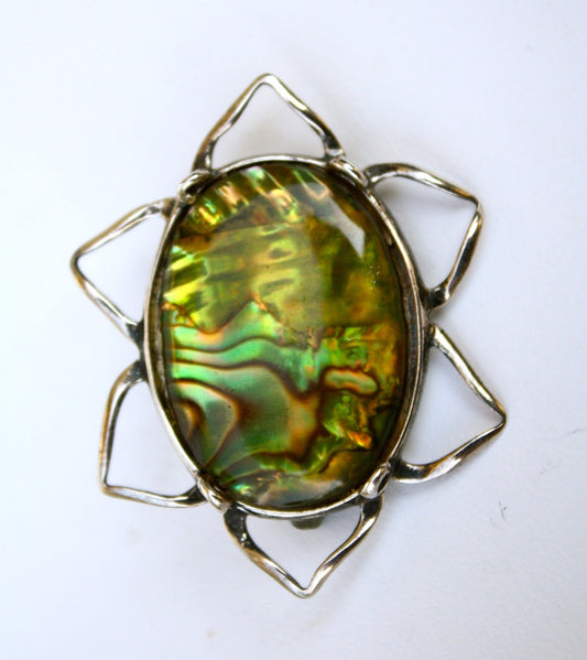 Stunning vintage sterling silver pin with green abalone
