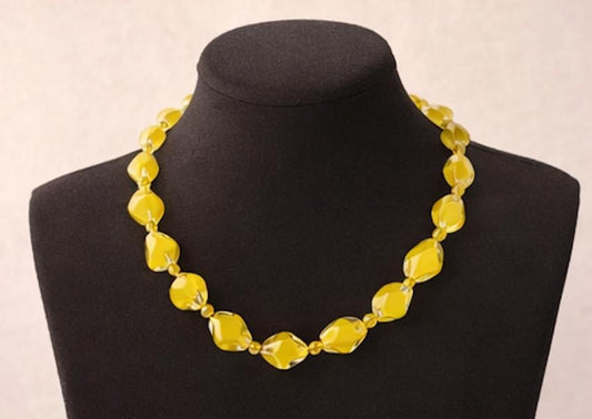 Vintage 1950s Czech Cased Glass Necklace – Bold Yellow & Clear Mid Century Art Glass Statement Beads