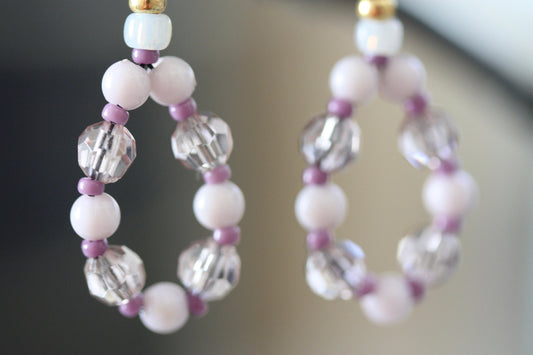 Hand beaded color blocked dangle hoop earrings - vintage and new materials