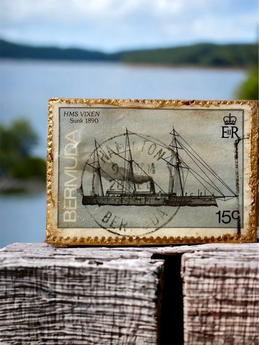Pin or necklace pendant hand made from genuine vintage and antique postage stamps from around the world - Bermuda, ship, HMS Vixen