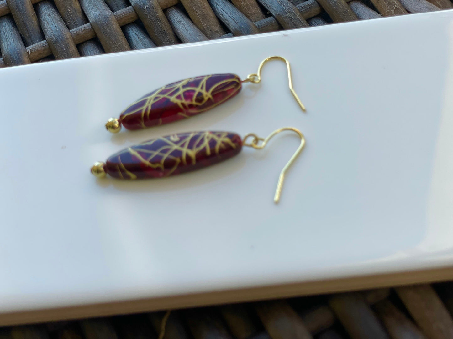 Handmade earrings with upcycled vintage red and gold swirled vintage oval dangles - perfect for the Christmas holidays