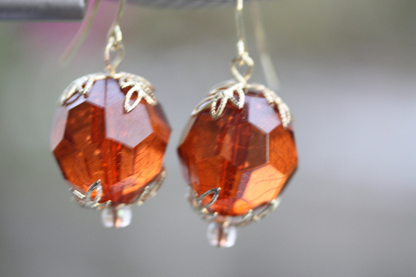 Simple gold faceted crystal dangle earrings with upcycled vintage gold leaf bead caps
