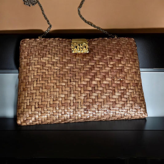 Vintage Wicker Handbag - Brown Wicker Shoulder Bag With Chain Handle & Zipper Pocket