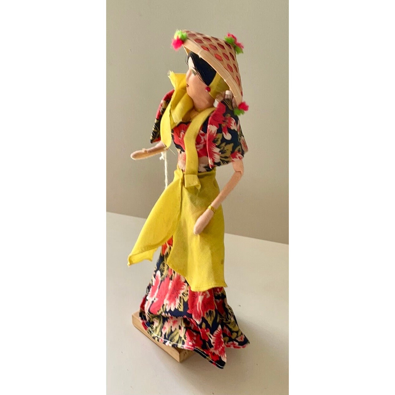 Stunning vintage Manila Philippines Collectible Floral Patadyong National Costume Doll with straw polka dot hat