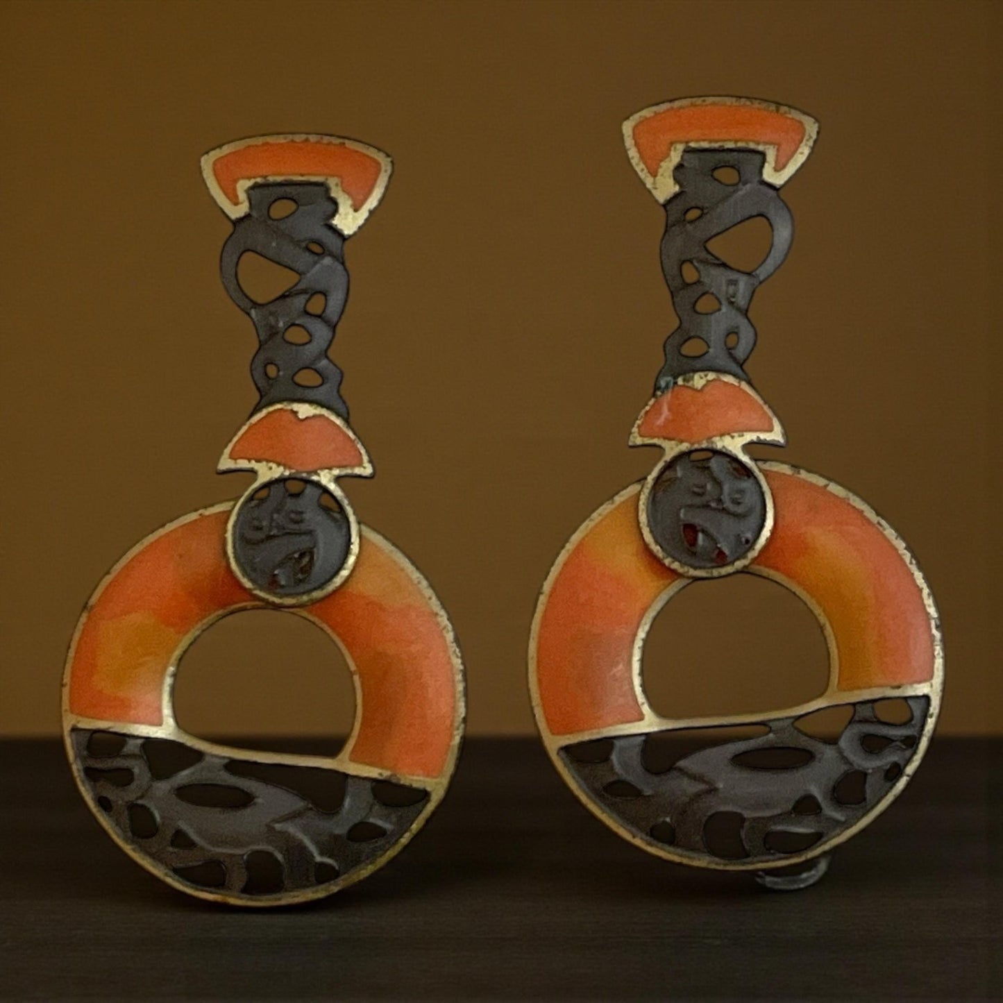 Vintage Berebi Earrings – Bold Art Deco Enamel Dangle Orange Black Statement Jewelry