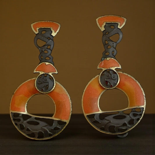 Vintage Berebi Earrings – Bold Art Deco Enamel Dangle Orange Black Statement Jewelry