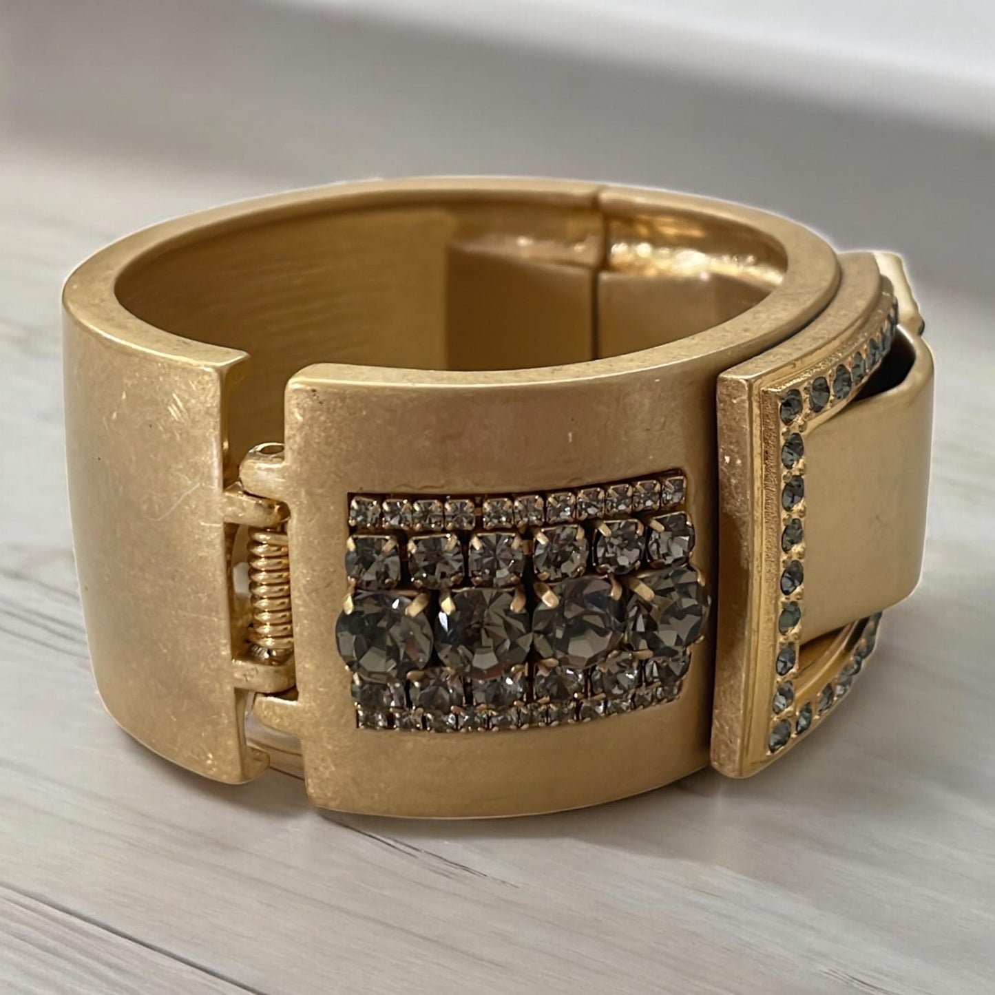 Goldtone Wide Bangle Bracelet with Silvery Gray Rhinestones • Vintage Statement Jewelry • Chunky Glam Cuff • Bold Costume Bracelet
