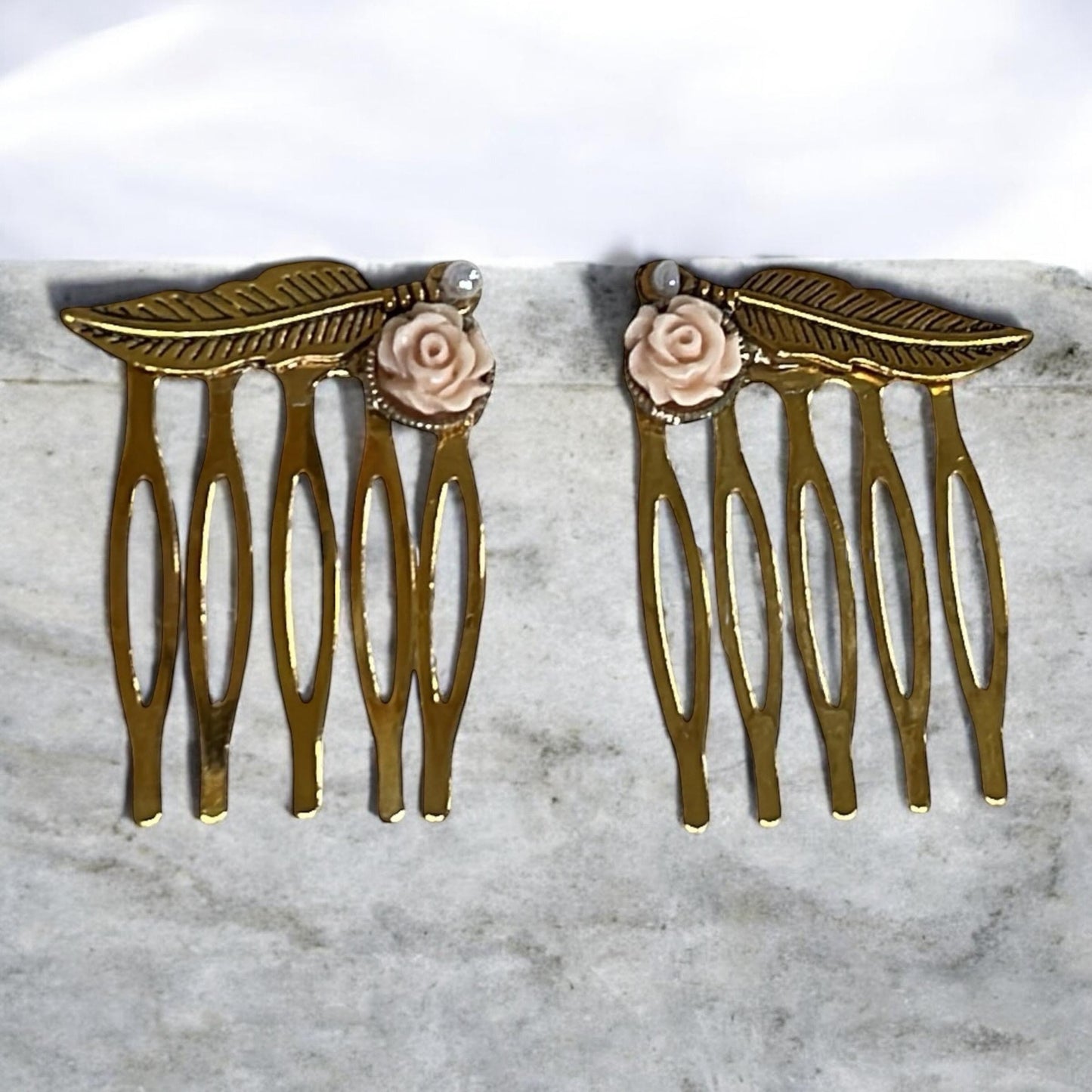 Pink Resin Flower & Goldtone Feather Hair Combs – Set of 2 Goldtone Combs, Boho Bridal Hair Accessories, Handmade Hair Clips