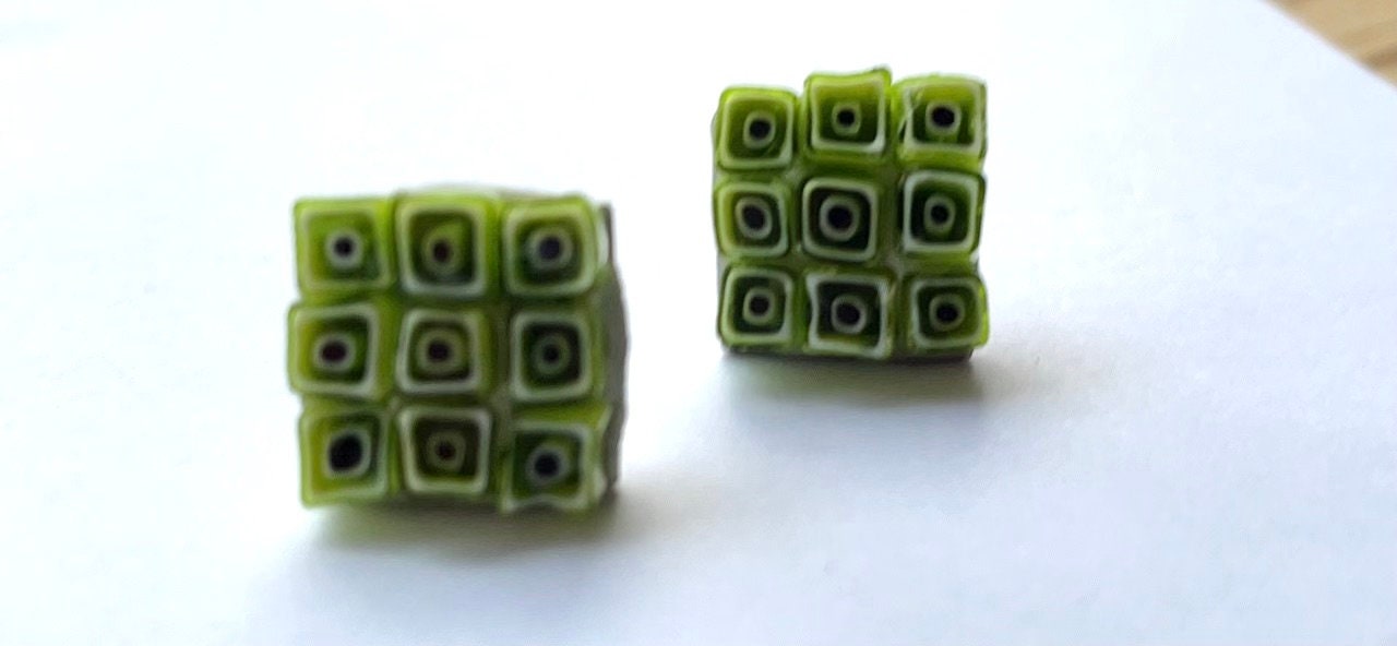 Small handmade lime green squares micro mosaic glass half-inch stud earrings