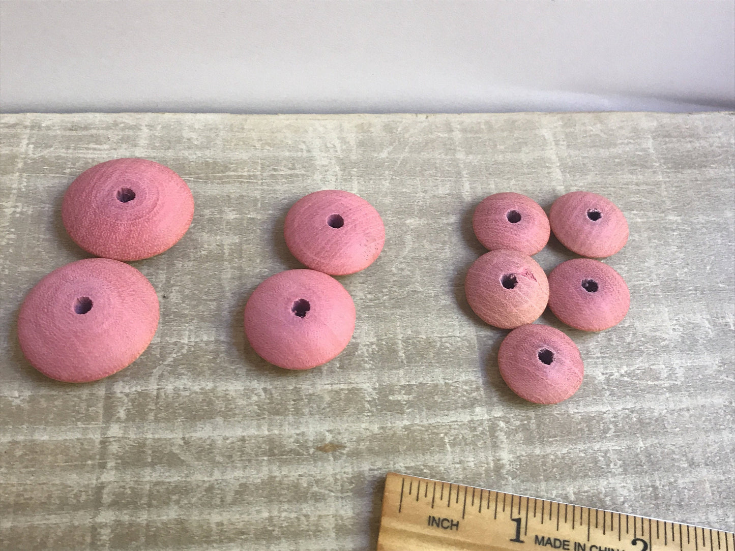 Pink wood saucer-shaped vintage beads - 9 beads total exactly as pictured