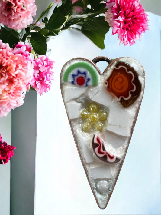 Handmade mosaic heart necklace - made from hand cut pieces of a broken vintage dish