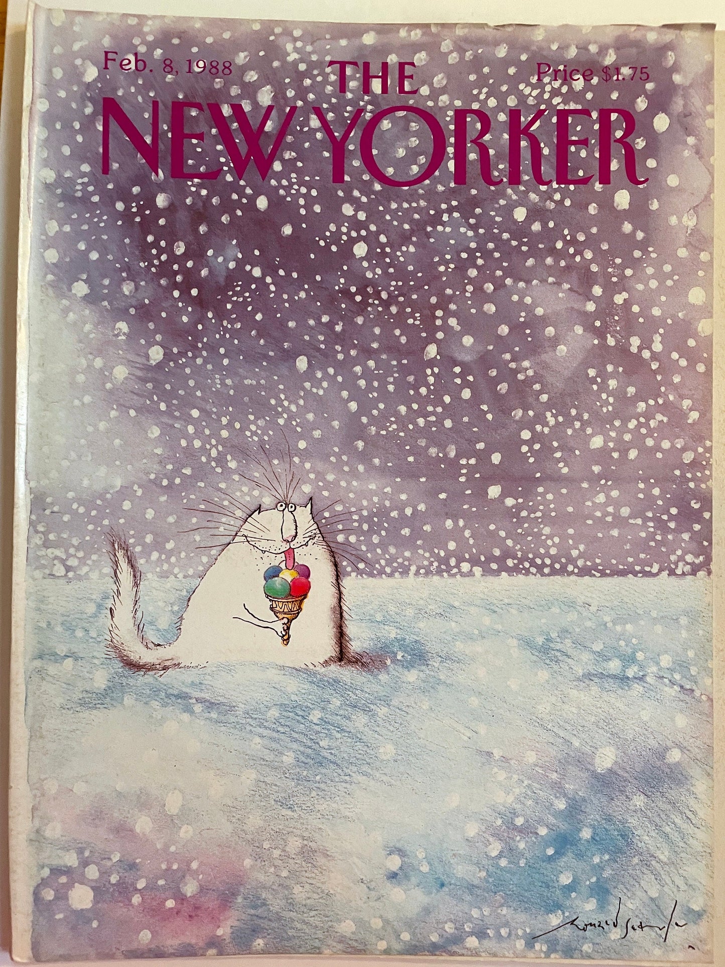 February 8, 1988 - COMPLETE ISSUE of The New Yorker Magazine - cat eating ice cream