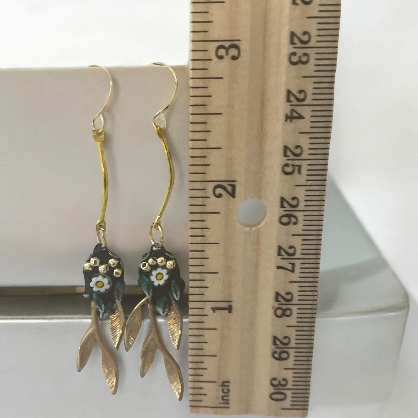 Handmade micro mosaic with gold leaves - long dangle earrings