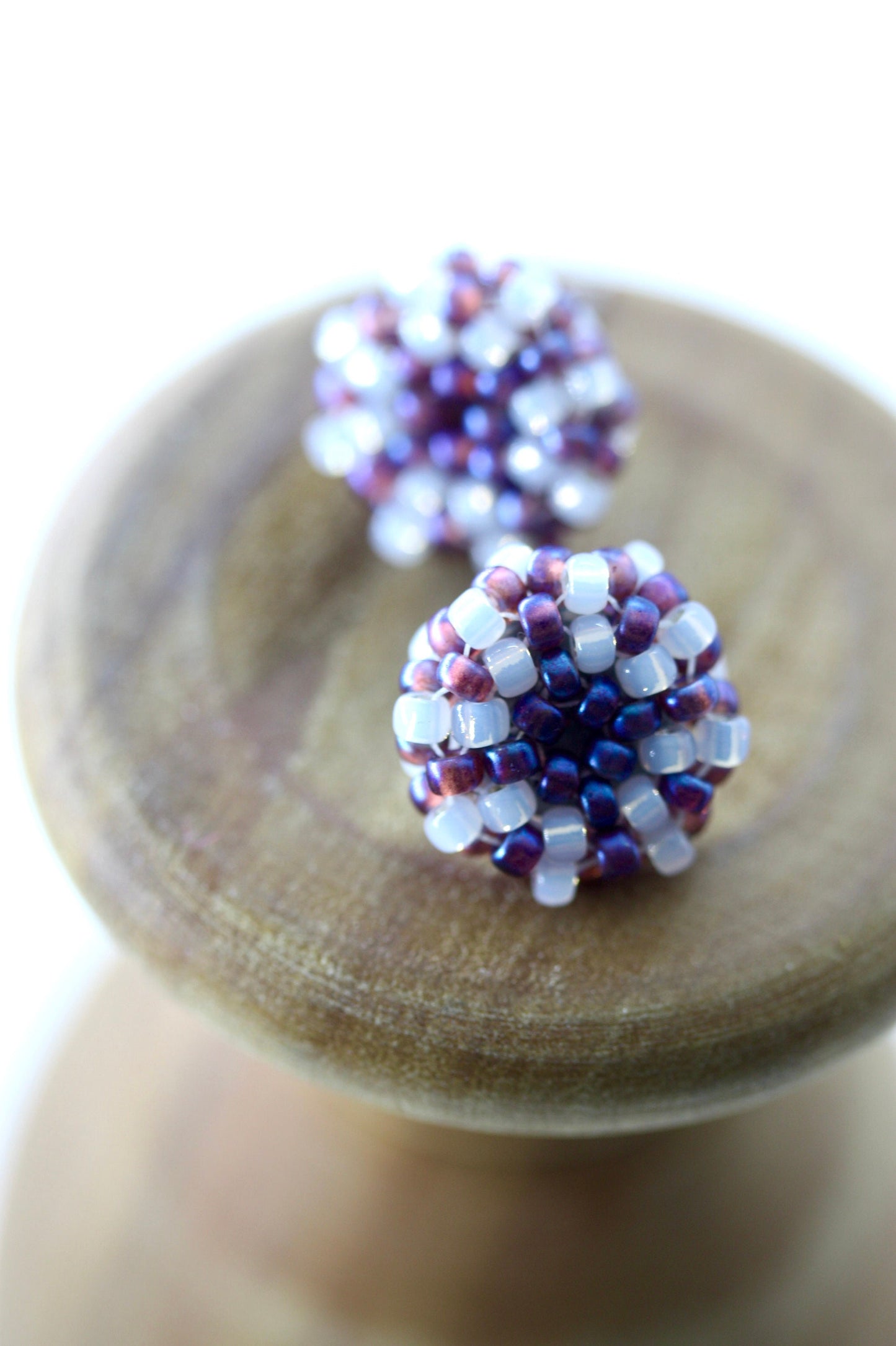 Hand beaded stud earrings - purple with drops of white glass - studs, beadwork studs, beaded studs