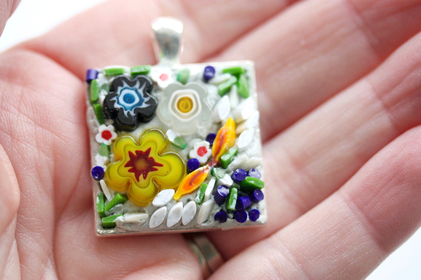 My handmade mosaic necklace - "Flower garden" - hand cut ceramic and glass with millefiori flowers