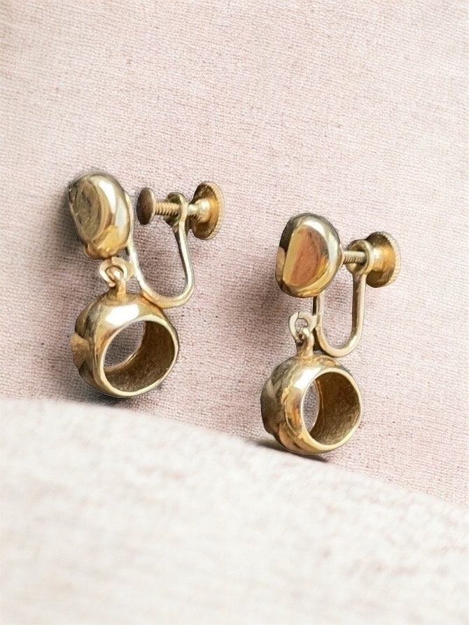 Unique gold hollowed small hoop dangle earrings - screwback clip earrings