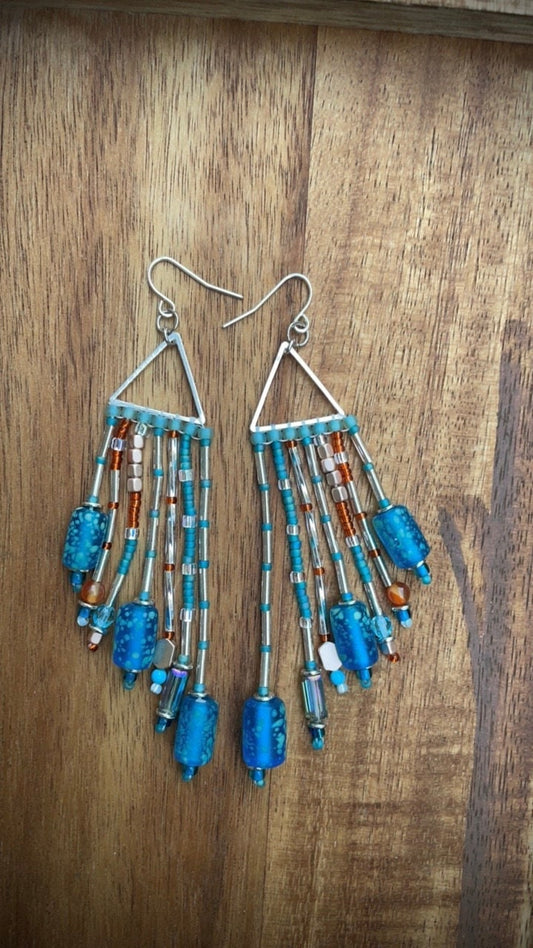 Hand beaded stunning dangle mixed material long statement beadwork earrings - art glass, crystal, metal, semi precious stone, seed beads