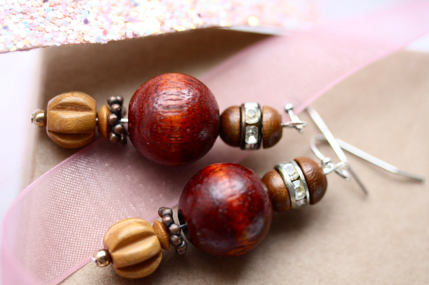 Metal, crystal rhinestone and wood handmade dangle earrings with vintage, upcycled and new elements