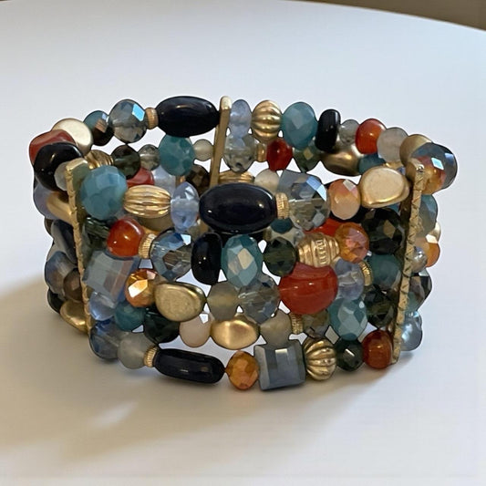 Vintage 5-Strand Memory Wire Beaded Bracelet β Crystal, Metal & Mixed Materials Adjustable Jewelry