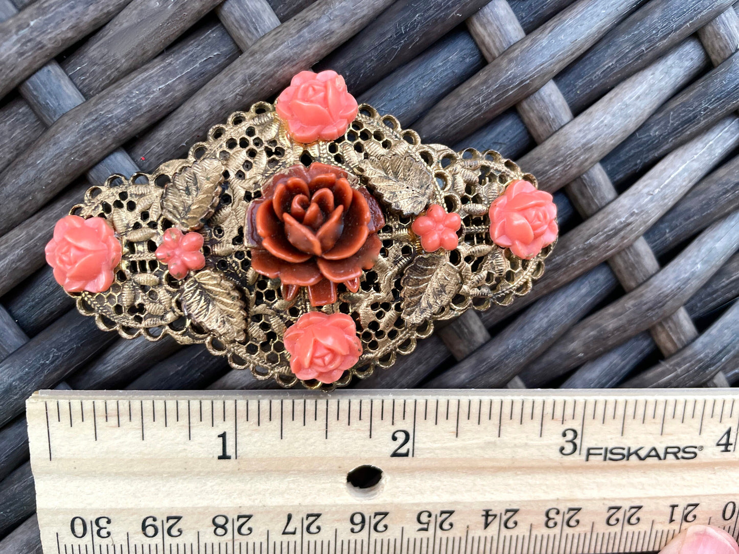 1940s Coral Celluloid Flowers & Cabochons Filigree Brooch Pin