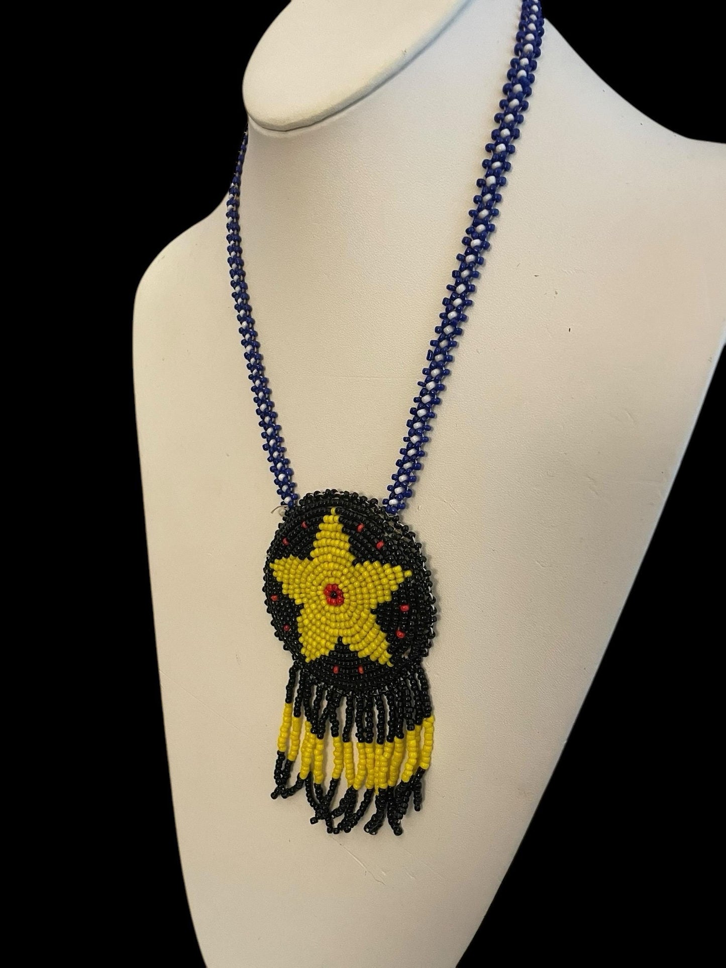 Native American style seed bead beadwork yellow, black and red stunning necklace
