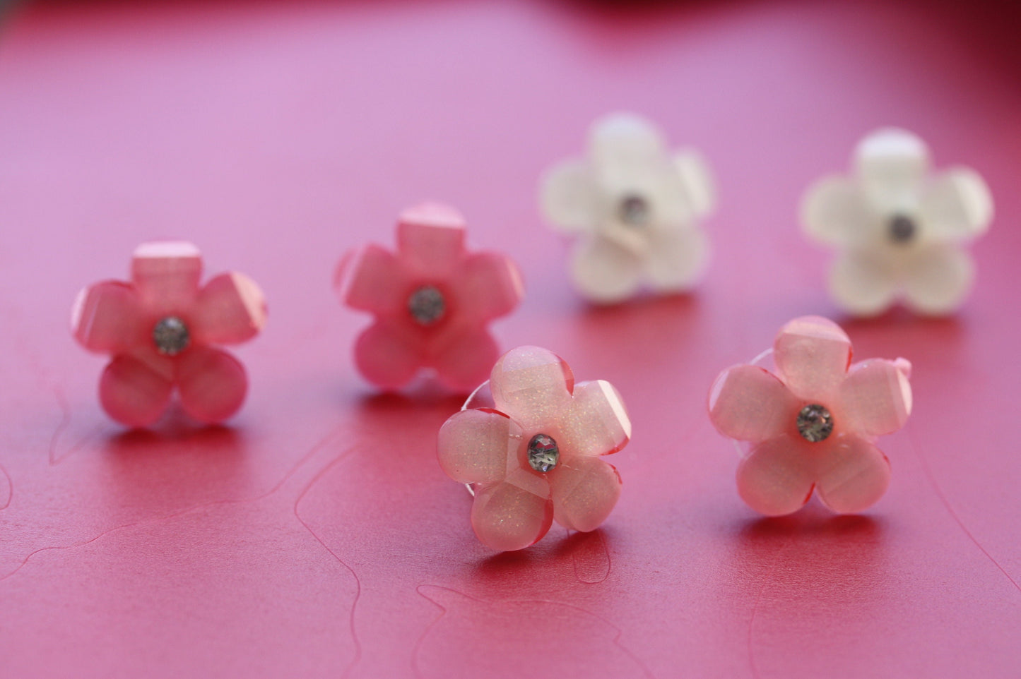 Stud flower earrings with rhinestone centers - dark pink, light pink, ivory - your choice