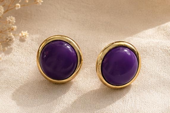 Vintage Pierced Earring Lot of 3 Pairs – Purple Cabochons, Gold Tone Hammered Hoops & Faux Pearl Hearts – Retro Statement Jewelry Collection
