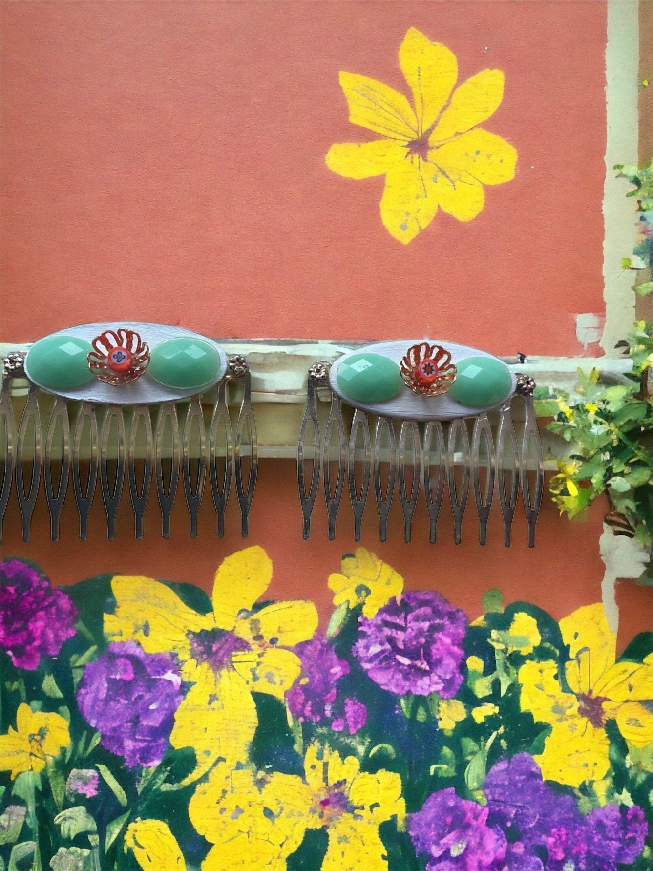 Pair of one-of-a-kind mixed medium handmade floral hair clips