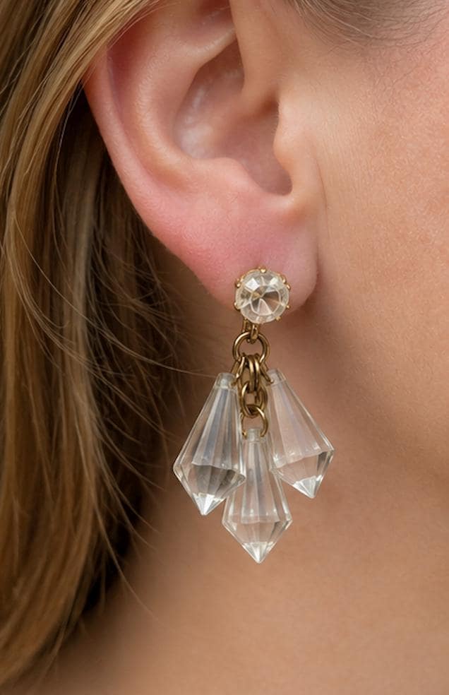 Vintage Clear Acrylic Prism Clip-On Earrings | Mid Century Chandelier Earrings | Faceted Lucite Style Statement Earrings