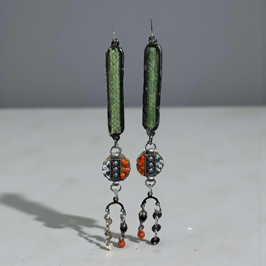 Handcrafted Boho Mosaic Dangle Earrings –Green Woven Fabric & Beaded Drop Earrings, Artisan Statement Jewelry, Colorful Mixed Media Earrings