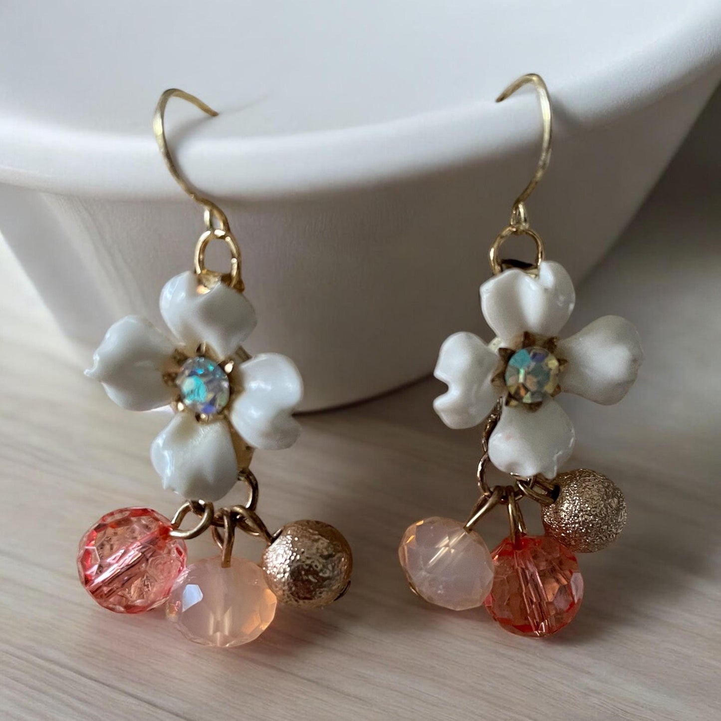 Charming little dangle earrings - white rhinestone studded vintage flower with pink and gold dangle beads